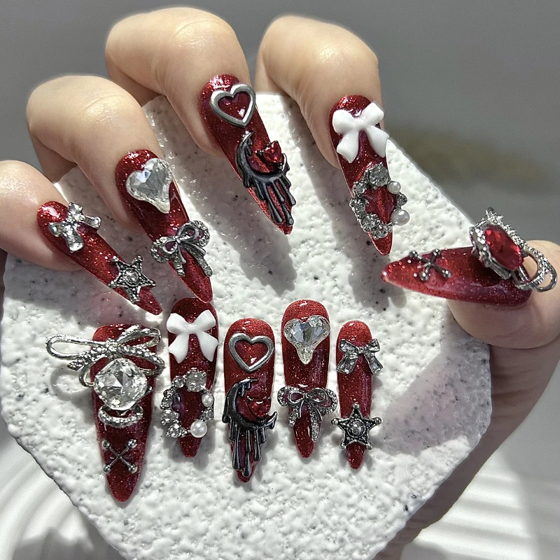 Halloween Dark Blood Red Luxury Handmade Press On Nails 3D Bow Star Love Diamond Glitter Long Tip Fake Nails Wearable Nail Art