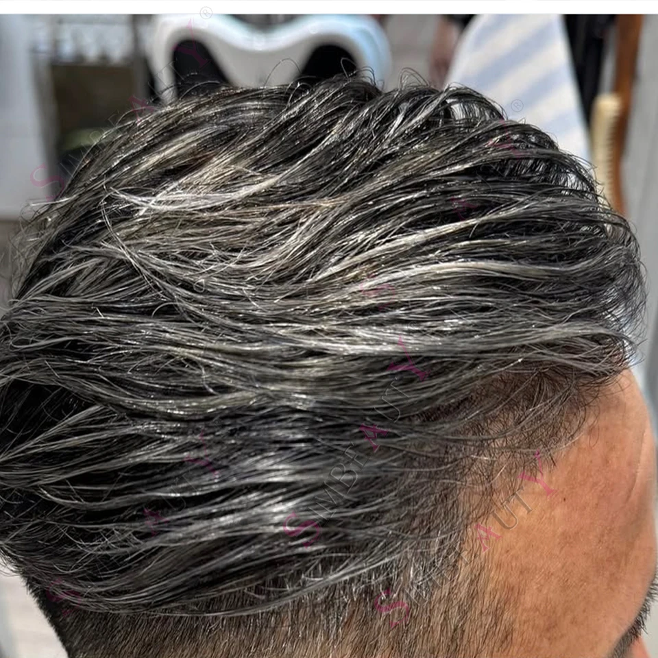 วิกผมผู้ชาย ผมแท้ 100% สีดำเทา 1b40 1b50 1b65 1b80  ผิวบาง 0.1 มม. แบบฉีด PU สำหรับผู้สูงอายุ สีน้ำตาล