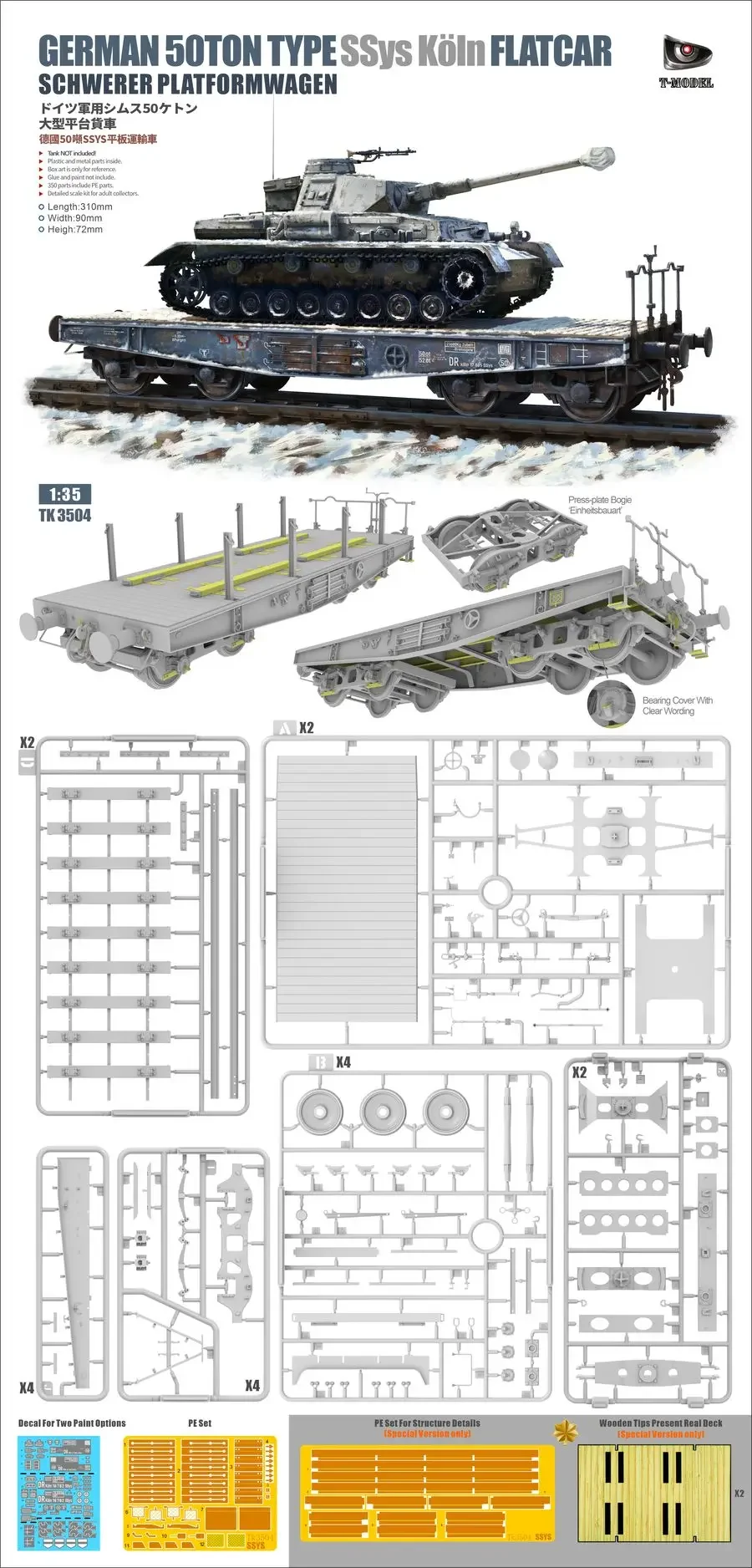 T-MODEL TK3504 1/35 German 50Ton Type SSYS Köln Flatcar Schwerer Platformwagen - Assemble  Scale Model Kit