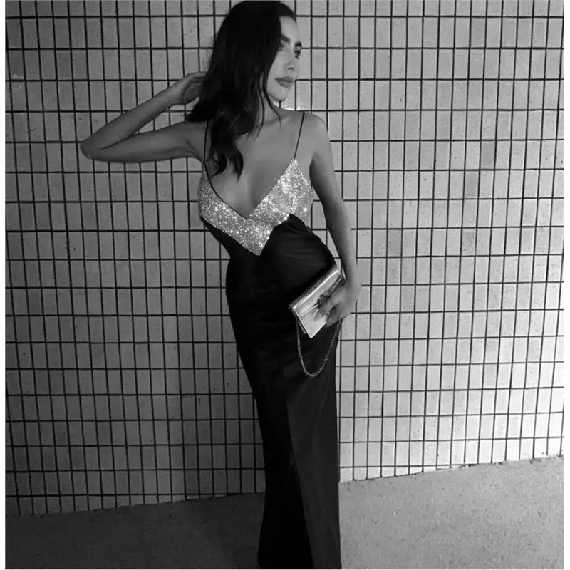 Sexy Low-Ne V-ape Diamond Flaing Langes Kleid zum Geburtstag Par Ball Mid-Waist Bodycon Dr ohne Sve Tee-Acetat...