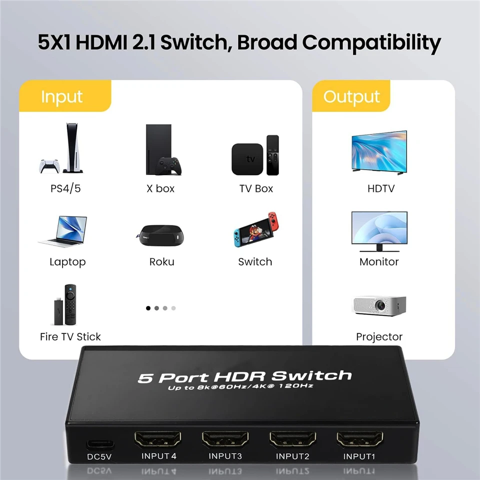 Navceker 8K 5x1 HDMI-переключатель 4K 120 Гц Видеопереключатель ИК-пульт дистанционного управления 5 входов 1 выход HDMI 2.1 Переключатель для Xbox PS5 DVD HDTV PC