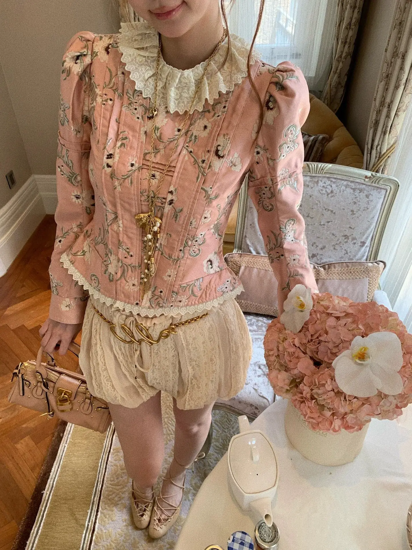 2026 Vintage Embroidered Floral Lolita Top Padded Sleeve Lace Edge Stand-Up Collar Victorian Sweet Princess Shirt Cosplay Shirt