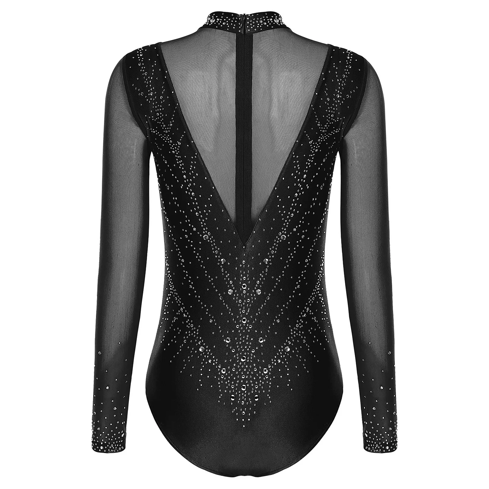 ผู้หญิงสเก็ตลีลา Leotard แขนยาว Rhinestone Sheer ตาข่ายบอดี้สูทบัลเล่ต์เต้นรําจังหวะยิมนาสติก Acrobatics Jumpsuit