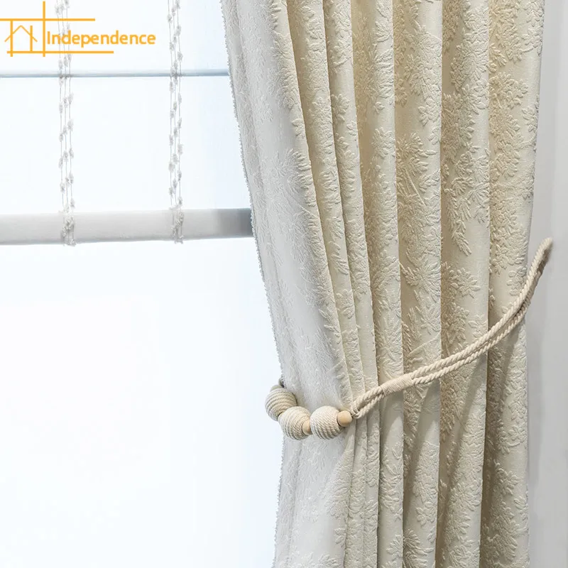 High-end Cream Embossed Jacquard Thickened Blackout Curtains for Living Room Bedroom Balcony French Window Customized Valance