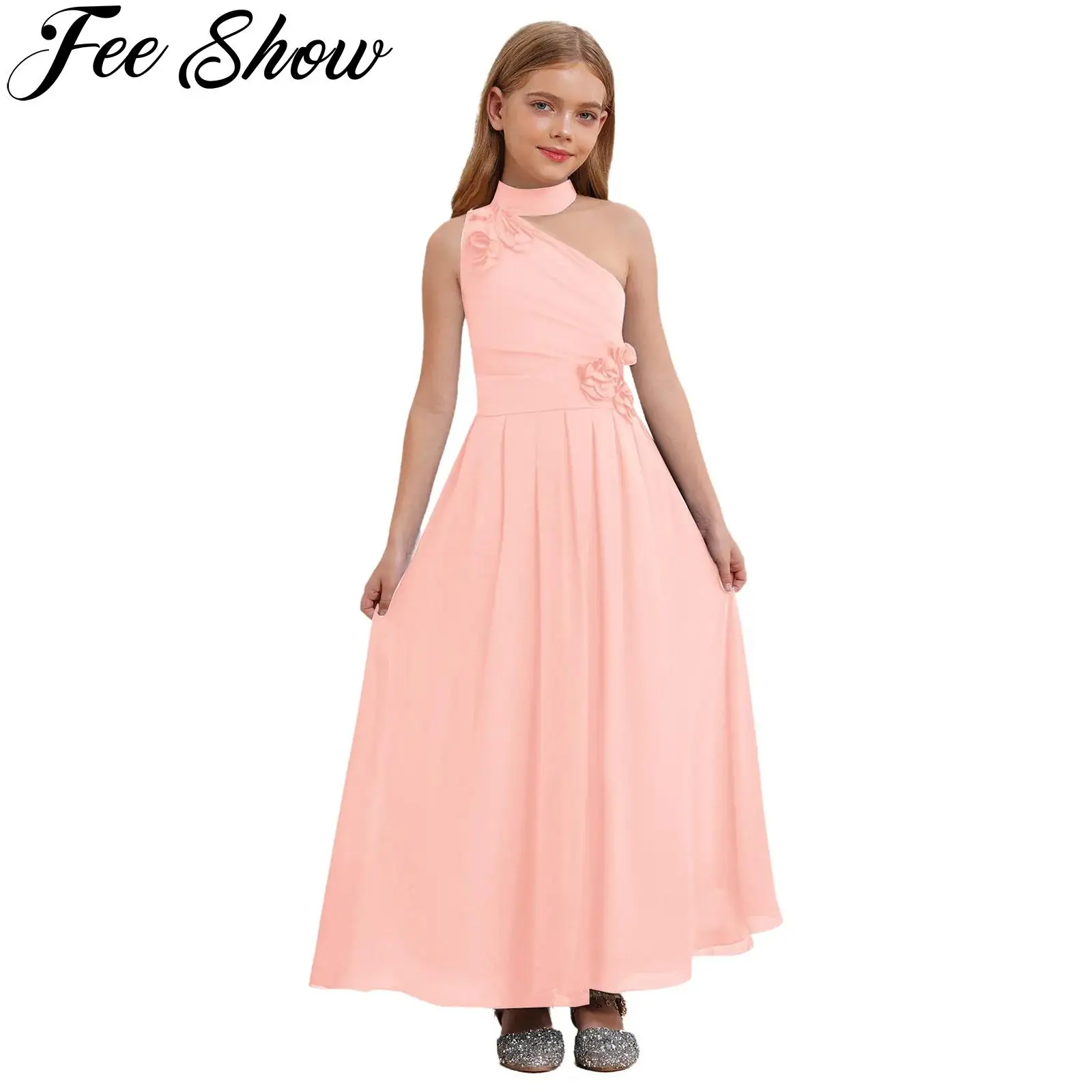 

Kids Flower Girls Elegant Princess Dress Halter Oblique Shoulder Applique Chiffon Dress Birthday Wedding Party Pageant Prom Gown