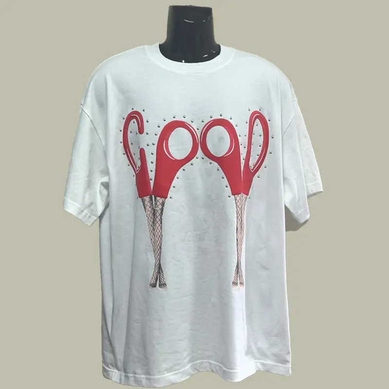 

Charming Scissor Leg Printed Short-sleeved T-shirt, Loose Retro Couple Half-sleeved American High Street Round-neck T-shirt