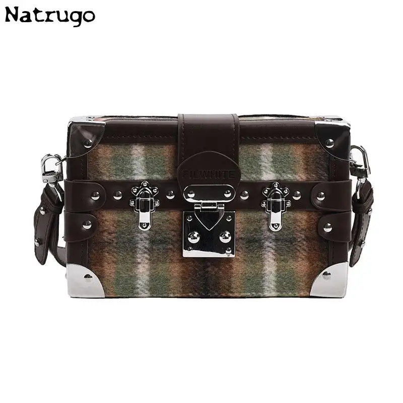 Lattice Design Box Bag Female Retro Pu Leather Patchwork Woolen Fabric Small Crossbody Bag For Women Shoulder Bag 2024 New