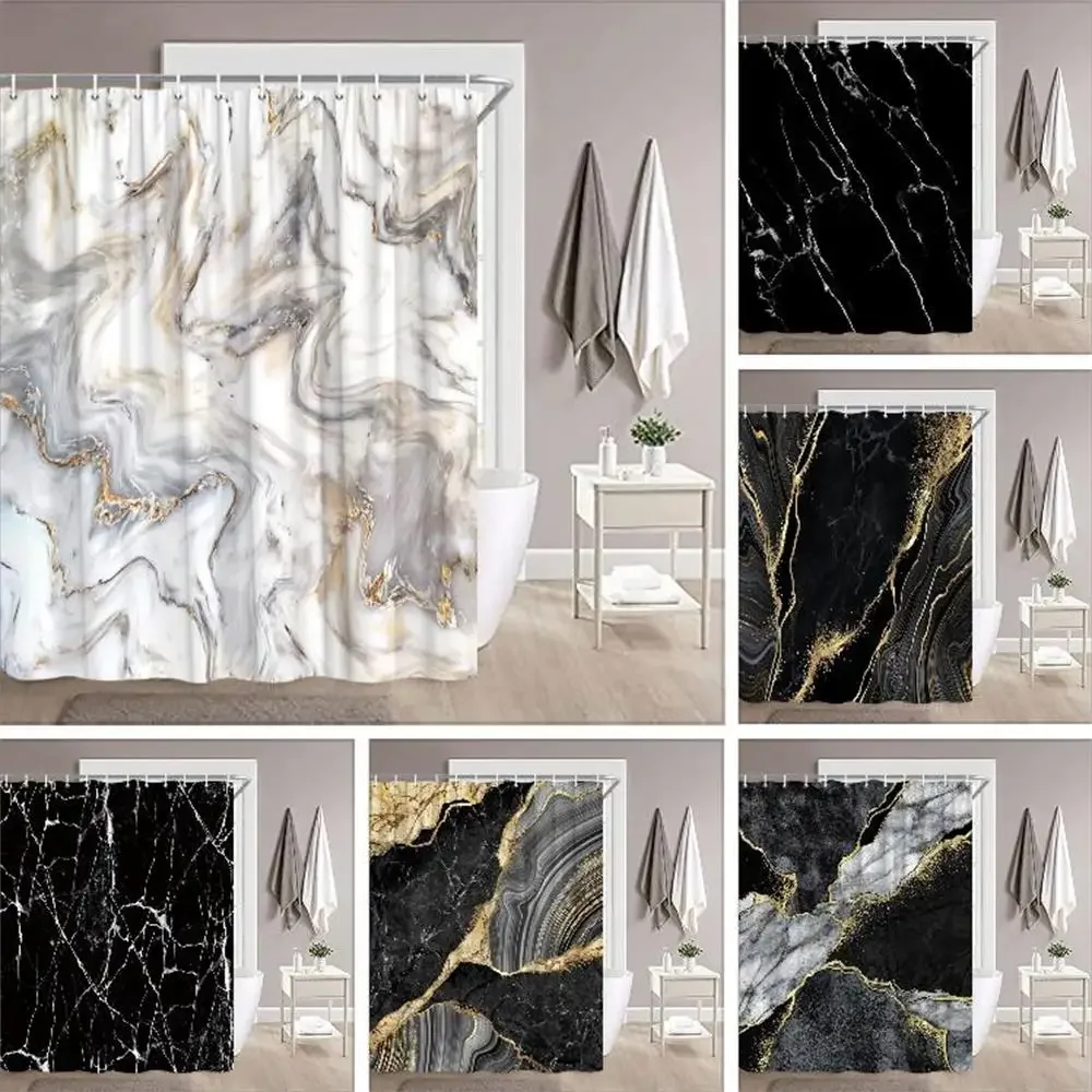 Black Gold Marble Shower Curtain Black Golden Cracked Lines Abstract Modern Washable Polyester Shower Curtains Bathroom Decor