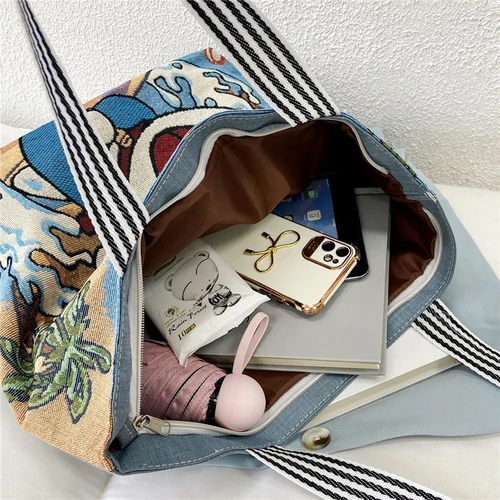 Imagen 2 del producto Bolsos de hombro Retro de Mickey Mouse de Disney para mujer, bolsos de lona de dibujos animados de Anime, bolso Oxford de Winnie de punto, bolsas de almacenamiento para compras