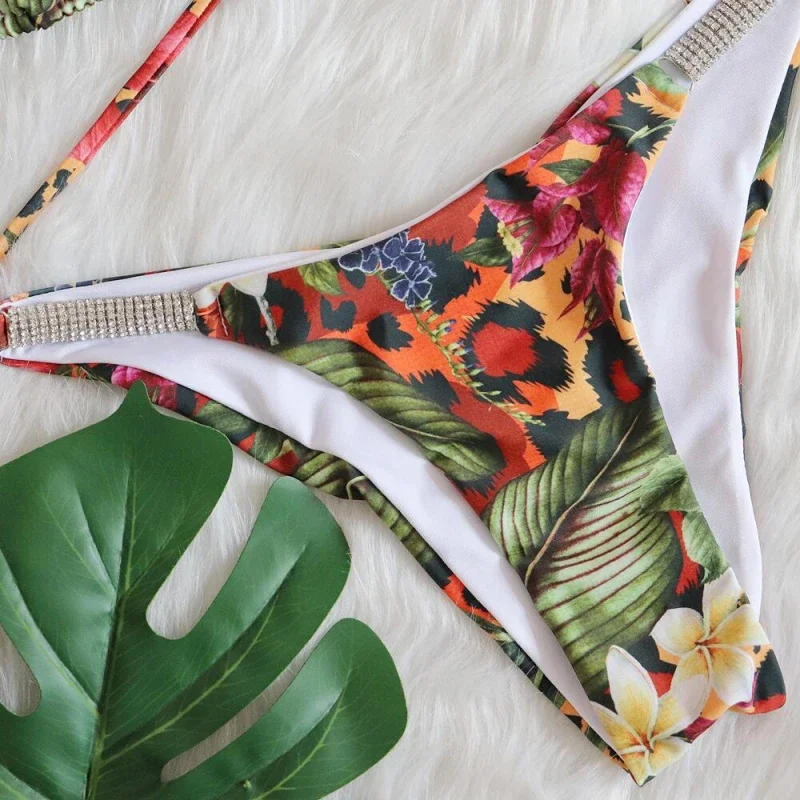 Sexy rendas roupa de banho de luxo strass biquíni flor tropical maiô