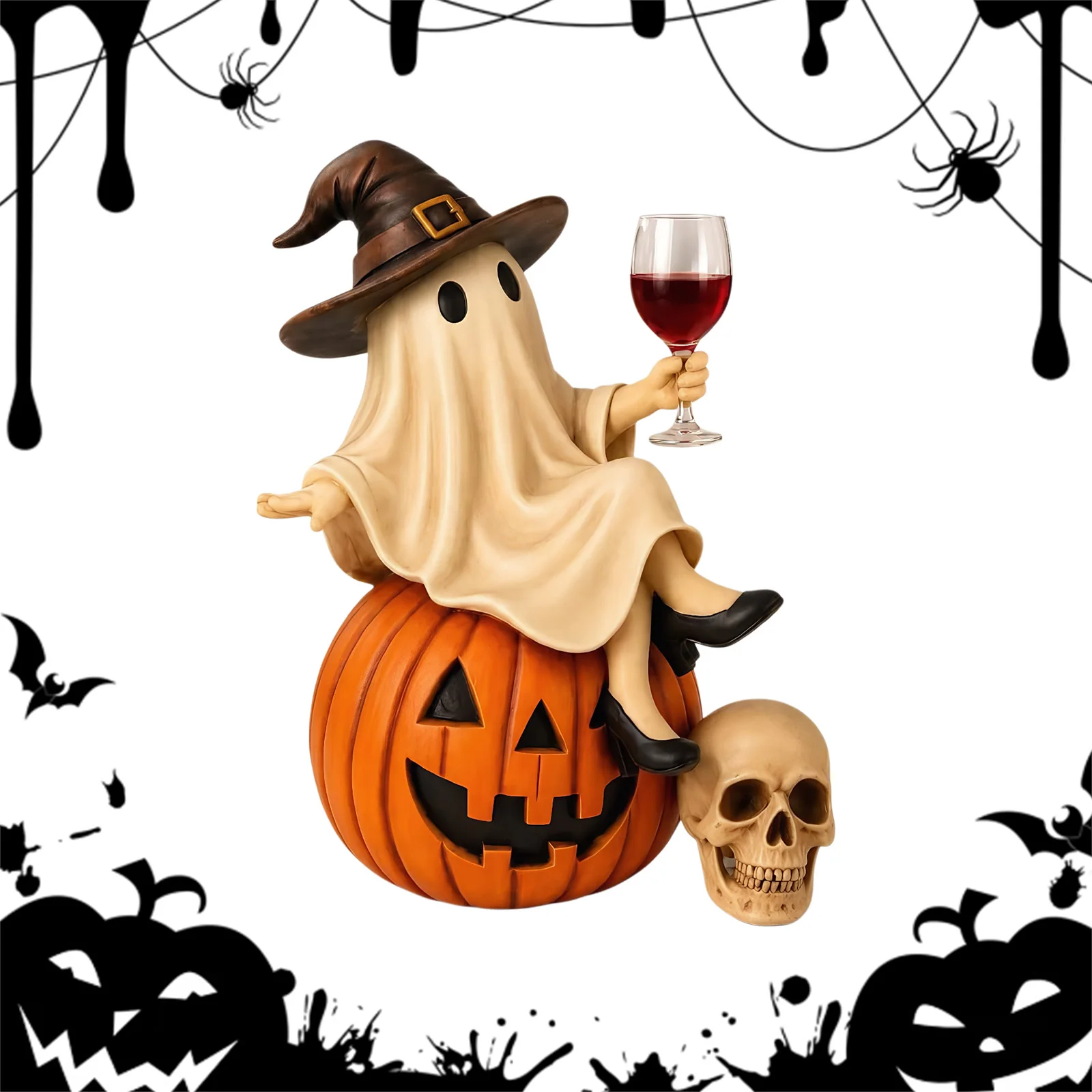 Ghost Wine Night Halloween Decor, Spooky Witch Figurine Sitting on Pumpkin with Wine Glass, Vintage Bar Tabletop Resin Ornament