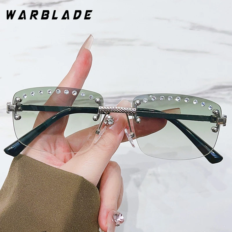 

Unisex Rimless Rectangular Sunglasses Diamond Metal Small Square UV400 Gradient Lens Outdoor Punk Eyewear For Men Women UV400