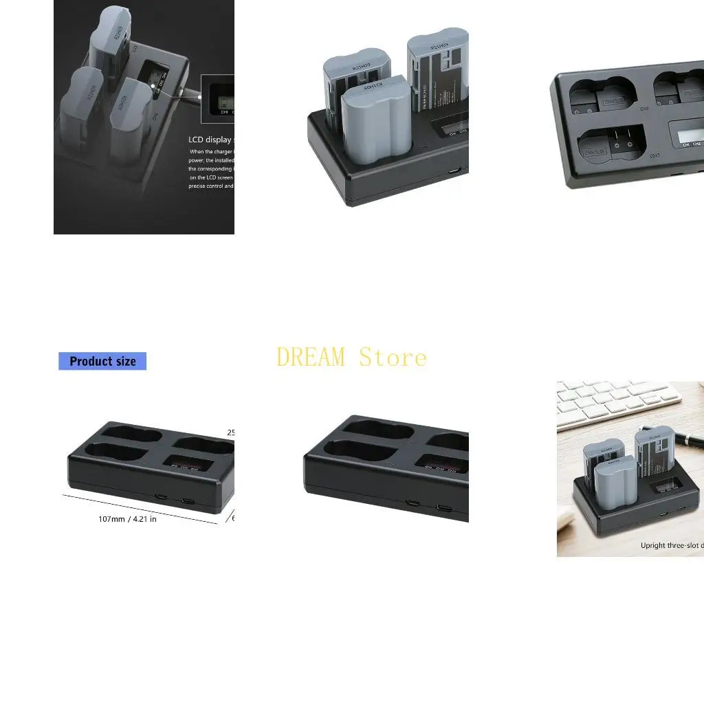 Camera Battery Charging Dock for EL15 Batteries with 3 Bay LCD Type C and USB Input for Home, Desk, Travel Charging and Daily