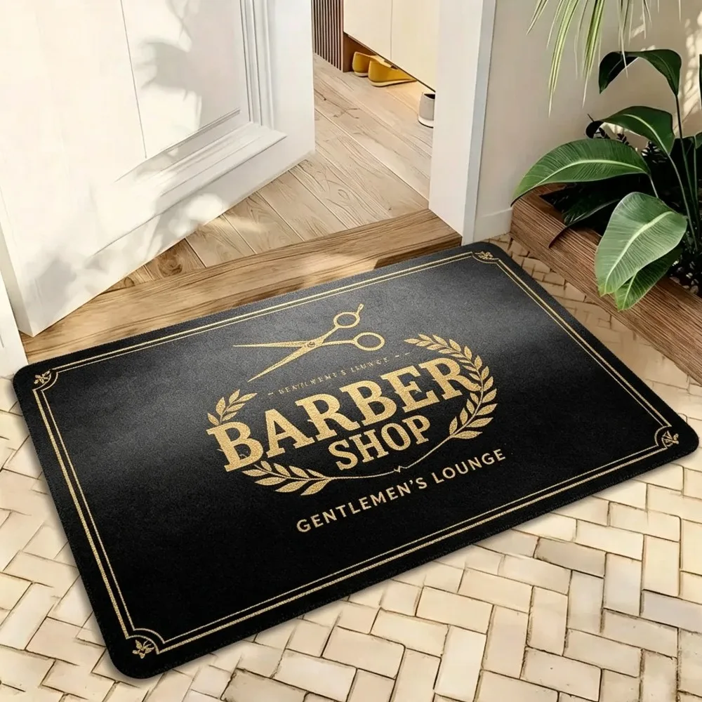 Barber Shop Welcome Mat Black White Design Scissors Chair Comb Print Non Slip Washable Floor Mat For Salon Entryway Decor