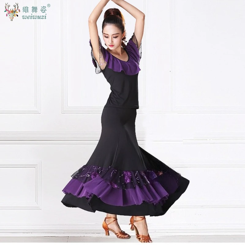 ผู้หญิง Flamenco ห้องบอลรูมฝึกชุดสเปนแฟนซีโมเดิร์นเต้นรํามาตรฐานแห่งชาติการแข่งขันเต้นรําเครื่องแต่งกาย