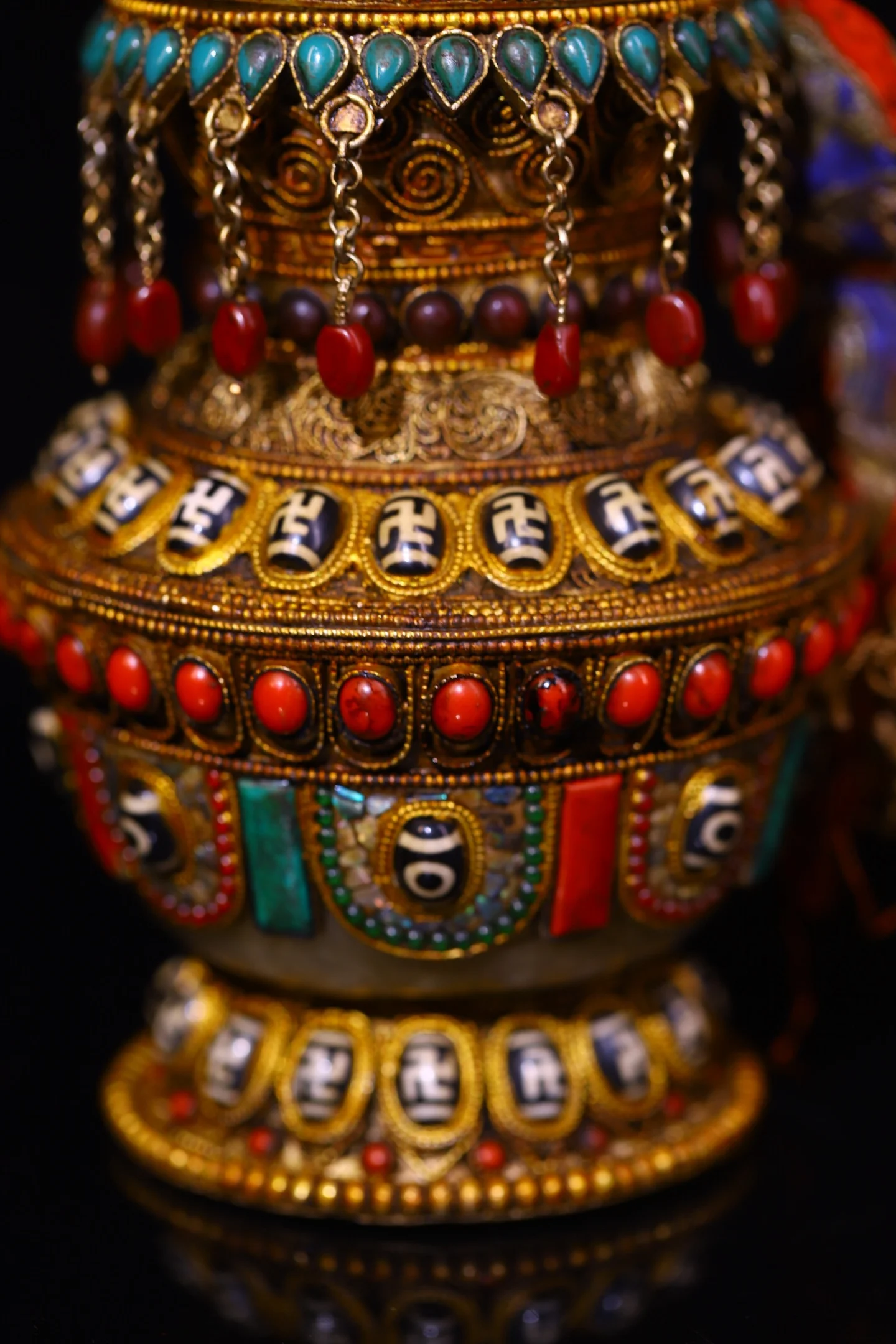

10"Tibetan Temple Collection Old Crystal Painted Mosaic Gem gZi Beads Turquoise Eight Treasure Buddha Jars Treasure jar