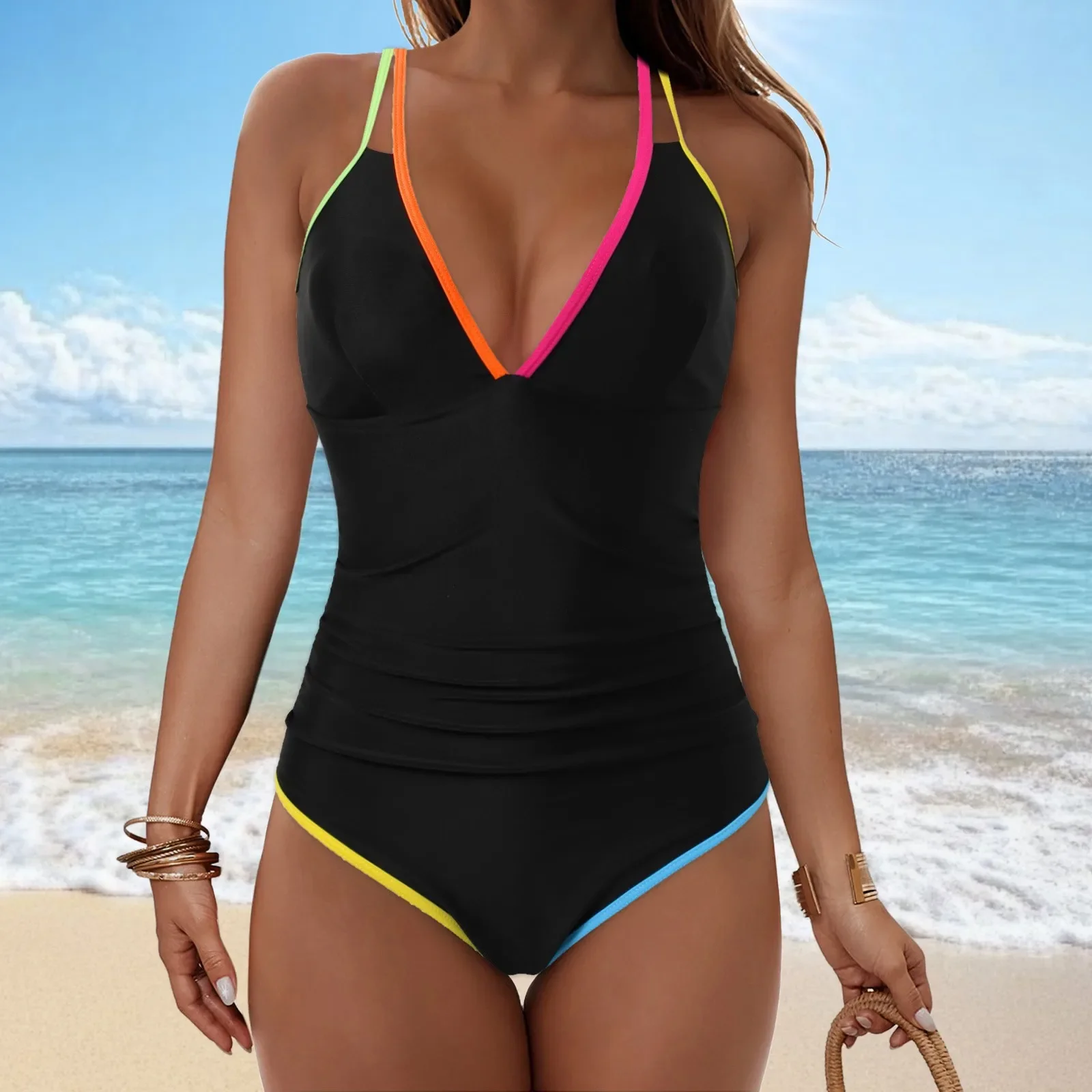 Baño de playa salidas Mujer 2025 moda Mujer 1 pieza traje de baño ajustado de gama alta Sexy recogido traje de baño sin espalda Ropa Para Mujer