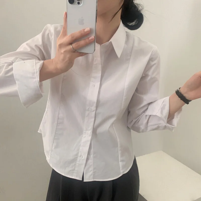 

Корейская простая женская рубашка, повседневная модная однотонная рубашка для работы, весенняя женская элегантная базовая блузка с отложным воротником