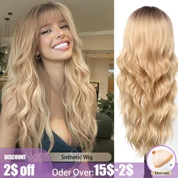 Long Curly Synthetic Wigs Blonde Ombre Water Wave Wigs with Bangs Dark Root Hair for Women Daily Machine Made Wig Heat Resistant