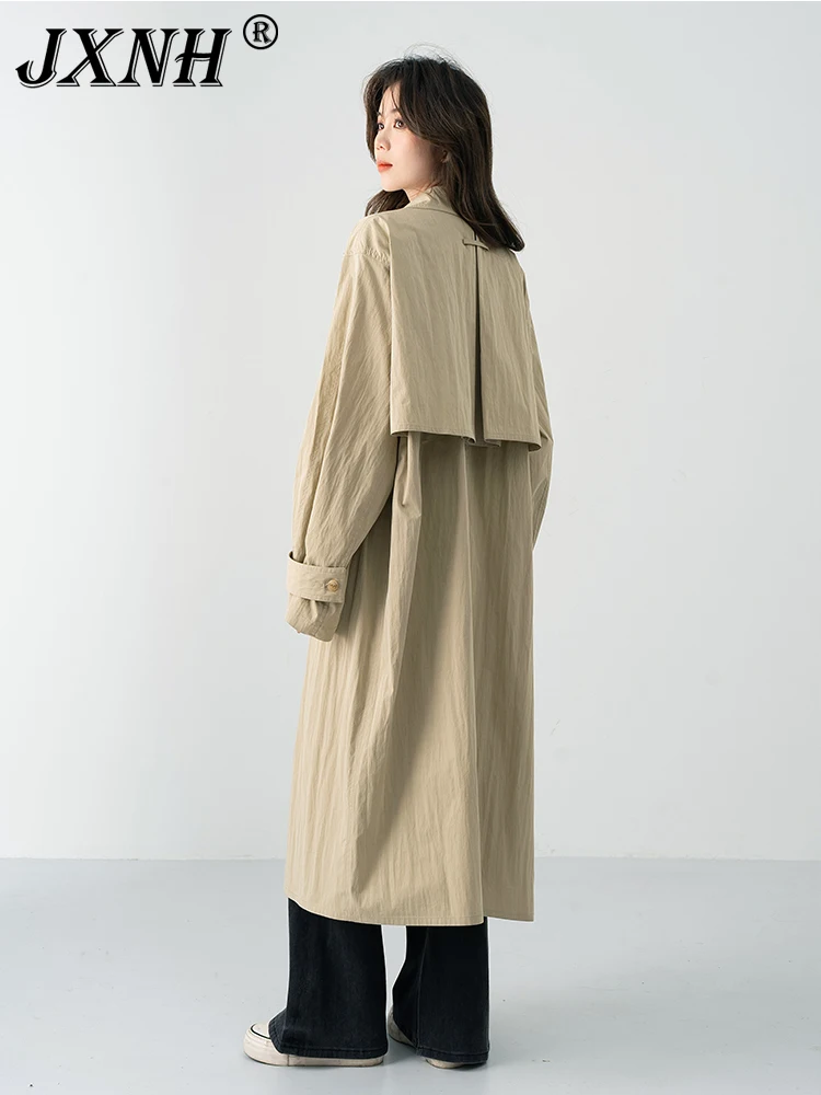 

Khaki Long Sleeve Hidden Buckle With Trench Coat Women's Mid-length Coat Spring Summer 2024 New Fashion Pure Color Temperament