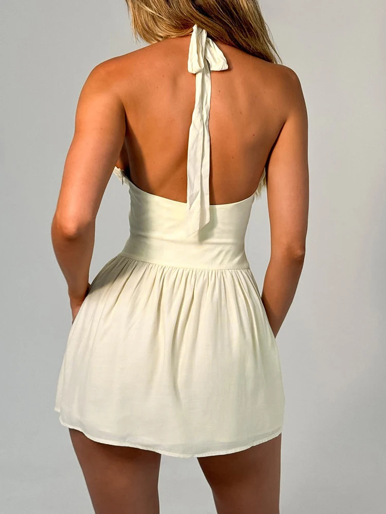 Nibber Lace-Up Dress Women Backless Patchwork Sexy Double Deck Pleated V-Neck Sleeveless Temperament Birthday Party Mini Bodycon