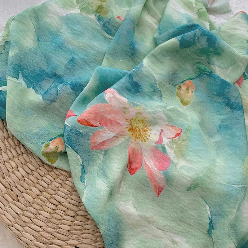 

0.5/1/2 Yard New Chinese Style Lotus Leaf and Lotus Printed Fabric Perfect for DIY Clothing,Qipao, Dresses,Tablecloths, Curtains