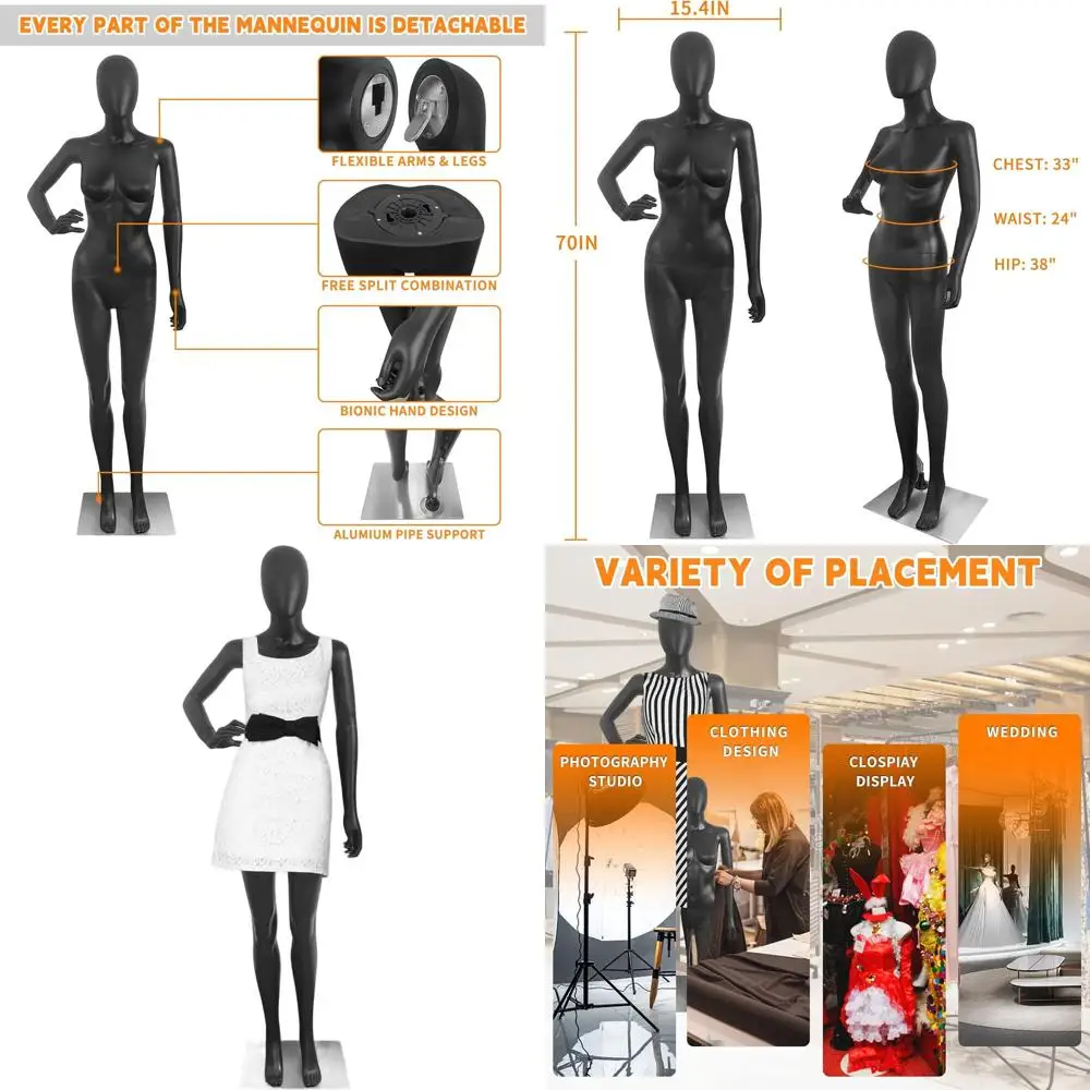 

70-Inch Adjustable Black Male Mannequin with Detachable Arms, Plastic Body, and Metal Base
