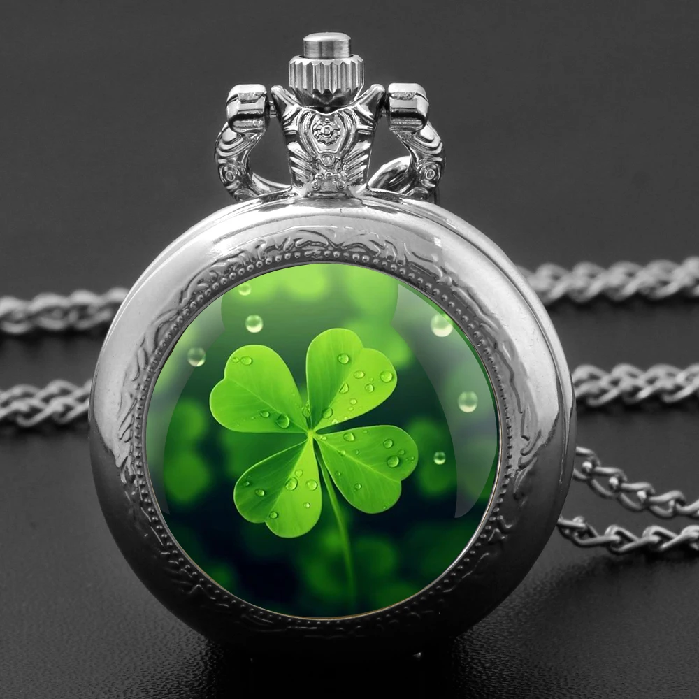 Personalised Fashion Silver Stainless Steel Four-leaf Clover Glass Dome Quartz Pocket Watch Necklace Women Jewelry Pendant Chain