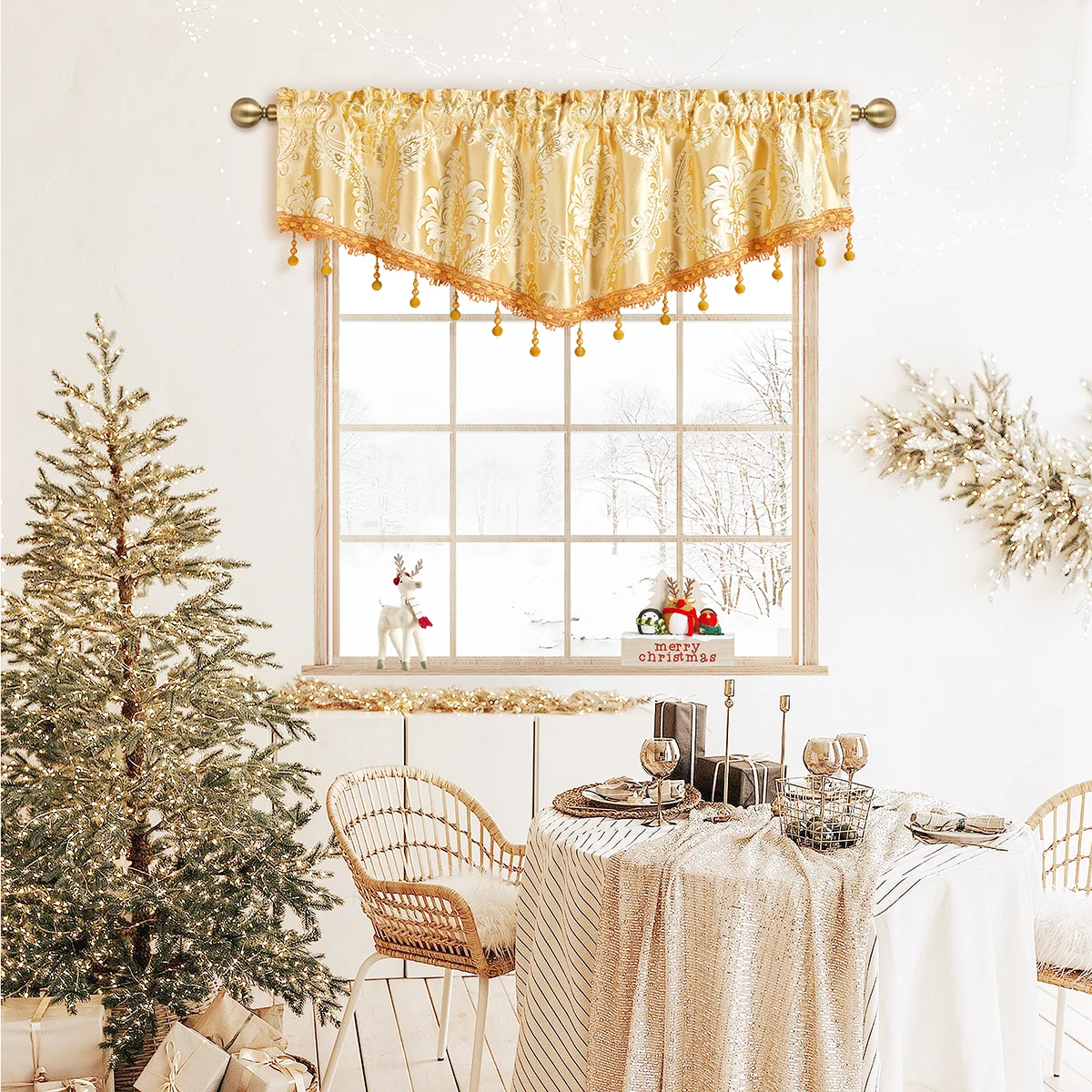 1pc European Luxury Style  Curtain Valance，Rod Pocket，Jacquard  Fabric Window Short Curtain with Bead Edges for Living Room