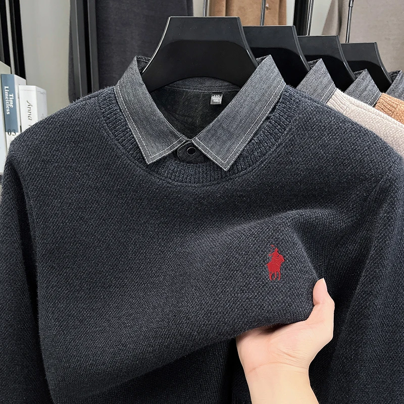 

Shirt Collar Sweater with Thick Velvet for Men's Vacation Two Pieces for Winter Wear Warm Knit Undershirt Trendy
