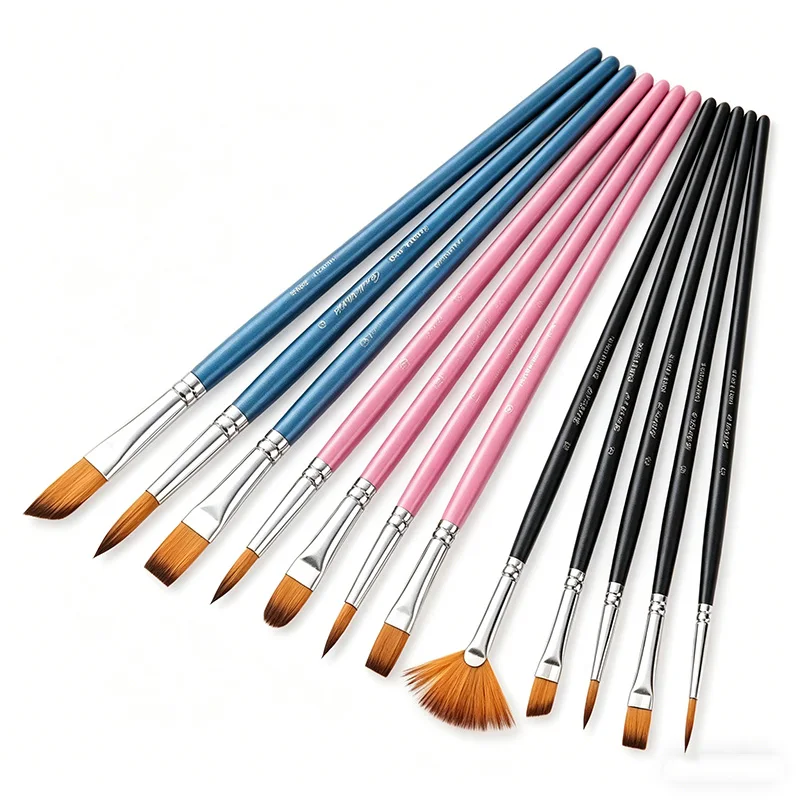 12-Piece Multi-Type Paint Brushes Set - Wooden Handles, with Fan, Round, Flat, Angled & Filbert Tips for All Art Projects
