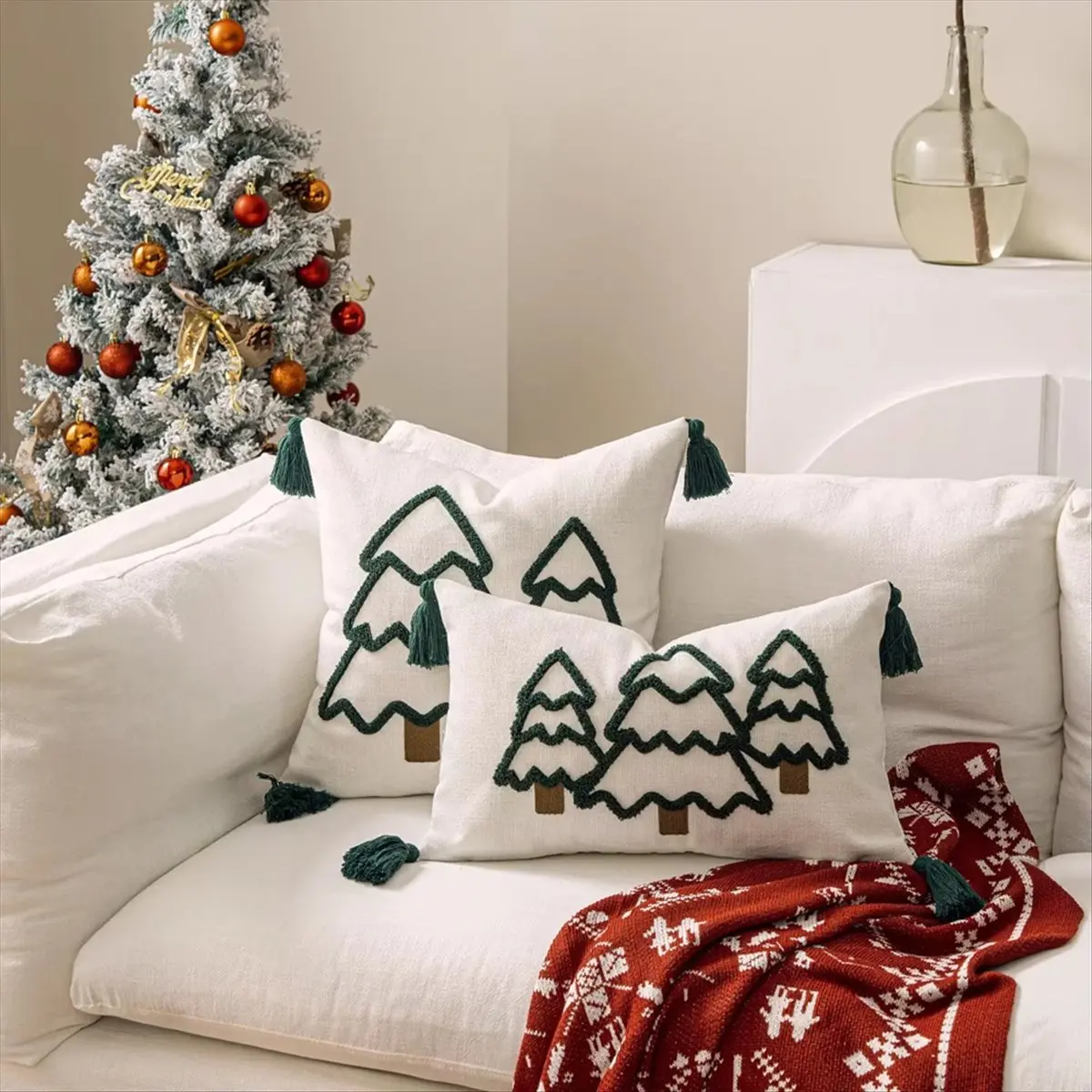 RANA Funda de cojín con bordado de árbol de Navidad, funda de almohada festiva de lona de algodón con borlas, decoración del hogar de Año Nuevo B