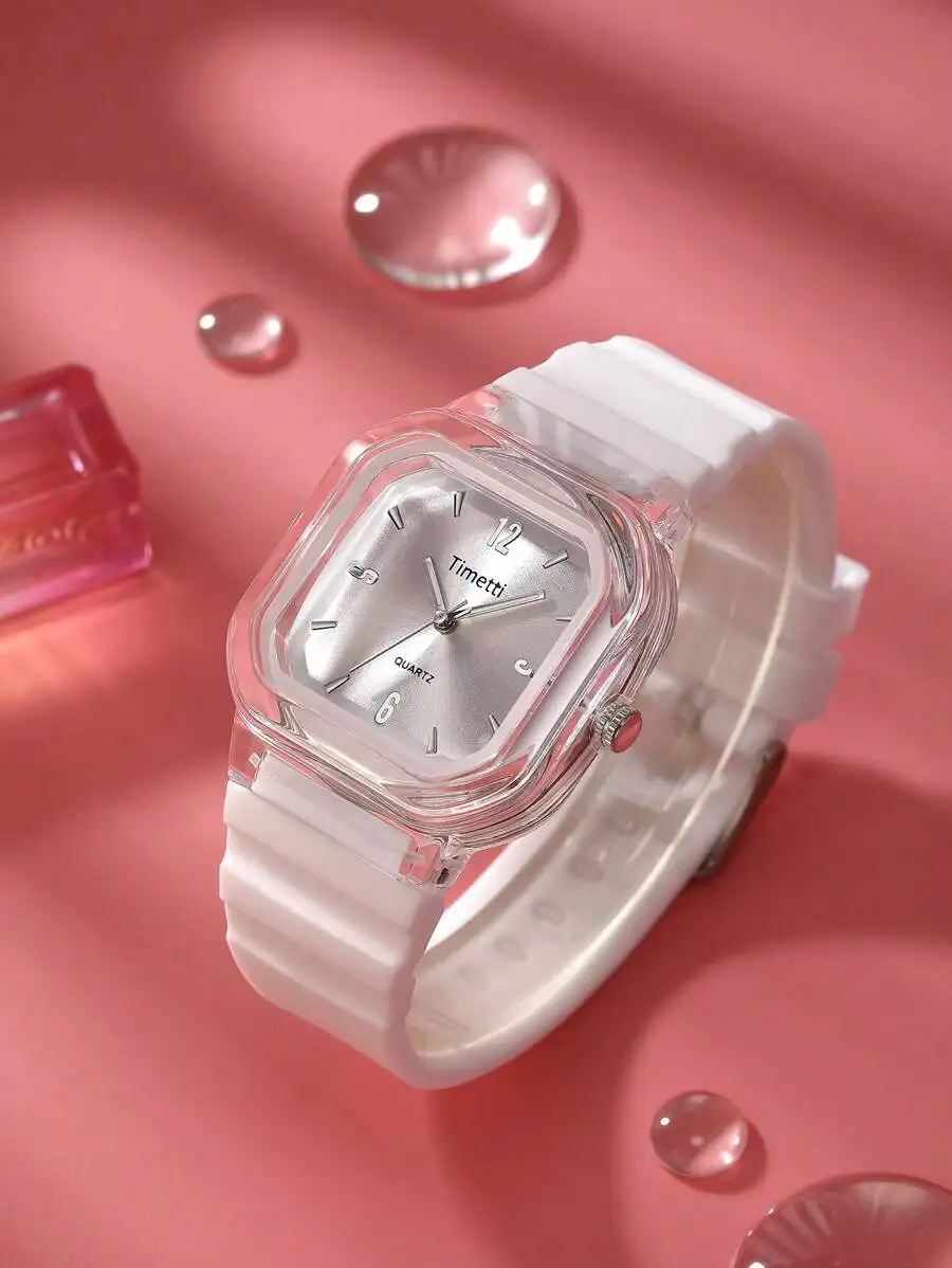 

Женские минималистичные квадратные кварцевые часы с прозрачным корпусом и белым силиконовым ремешком