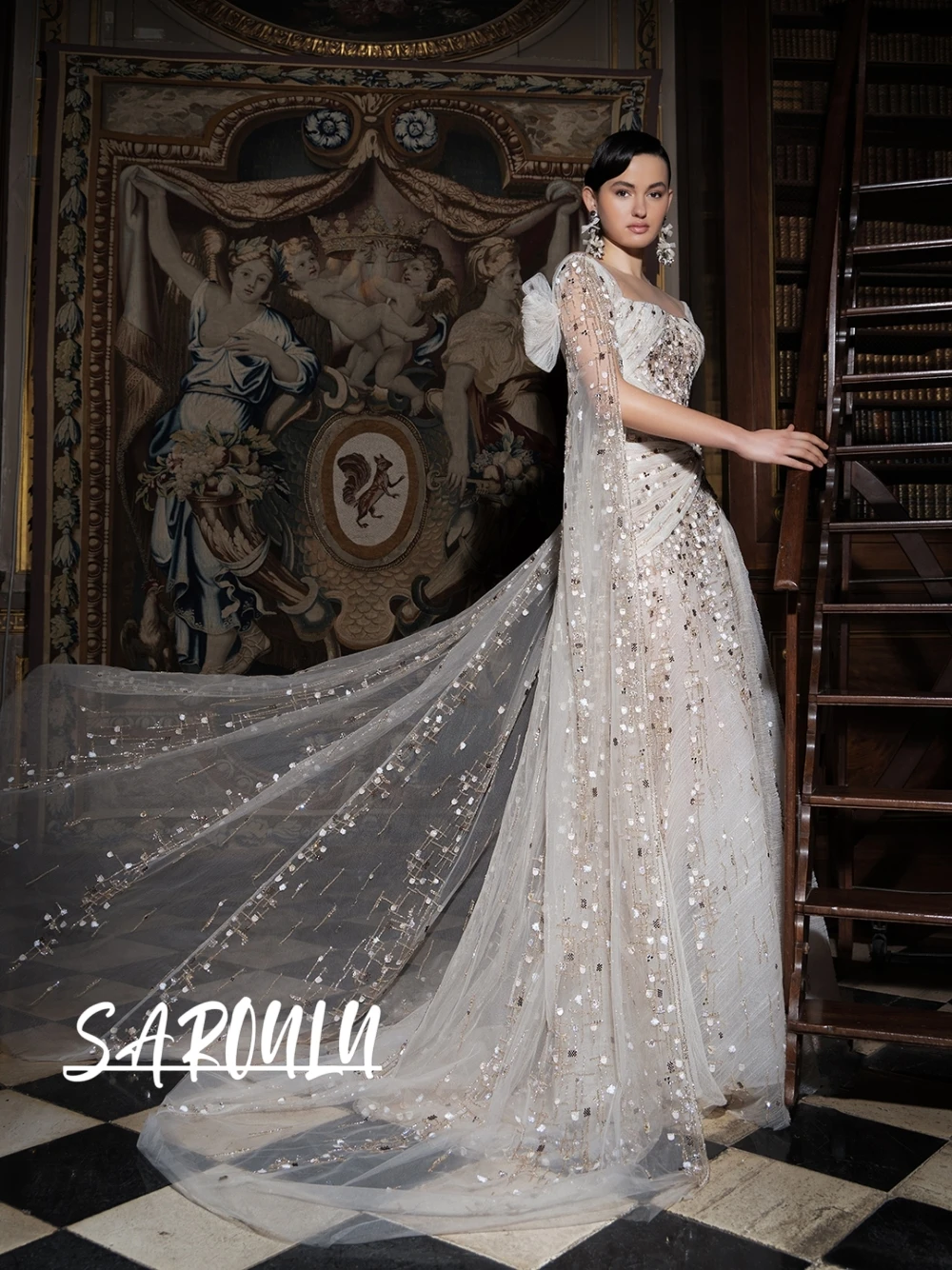 

Элегантное длинное вечернее платье-кейп с шикарным шлейфом из тюля и пайетками, индивидуальный пошив, 2026, расшитое бисером, для выпускного вечера, коктейльных вечеринок и гала-вечеров, женская одежда