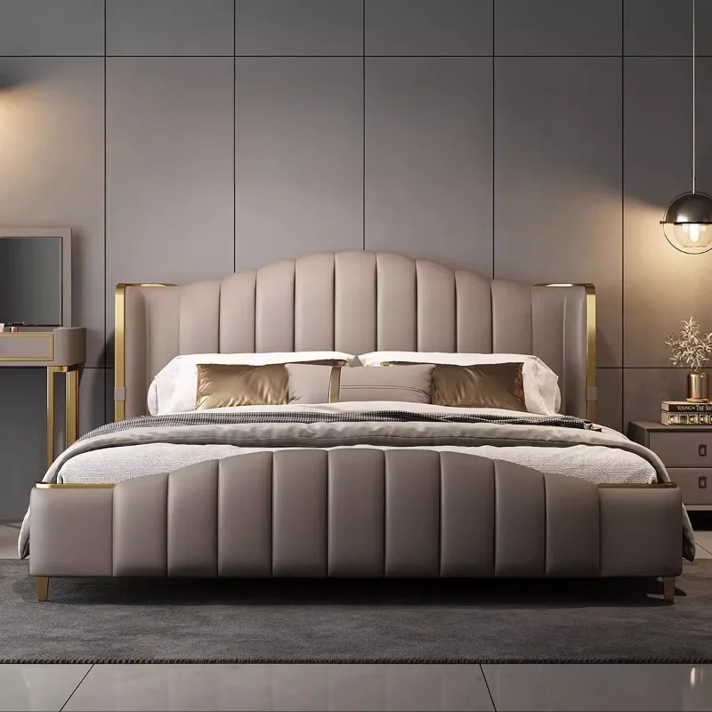 Light luxury genuine leather bed, queen bed, master bedroom storage luxurious American-style double leather bed