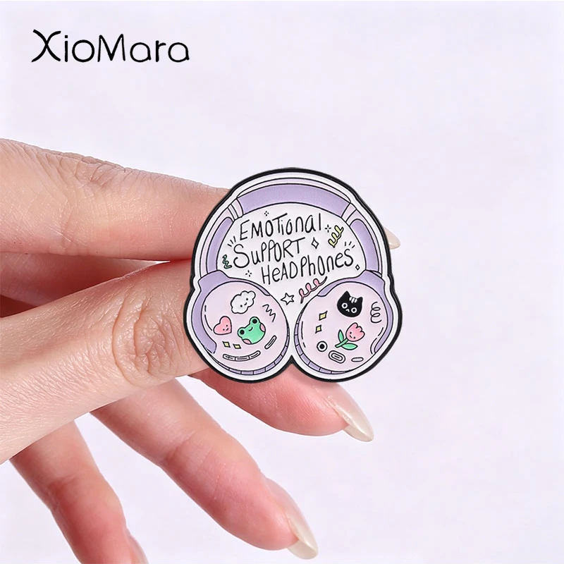 Cute Emotional Support Headphones Badge  Cartoon Frog Cat Enamel Pins Fashion Lapel Brooches Metal Backpack Clothes Jewelry Gift