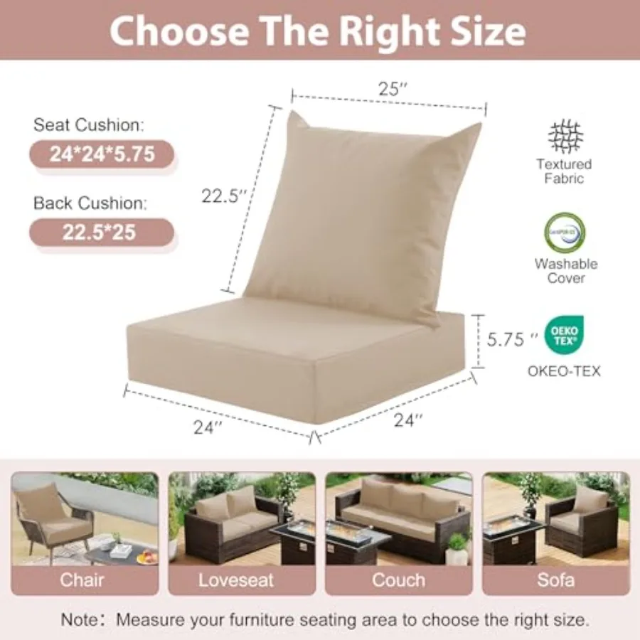 Outdoor deep seat cushion set for patio chairs and sofas, beige polyester fabric, water-resistant and fade-resistant, removable