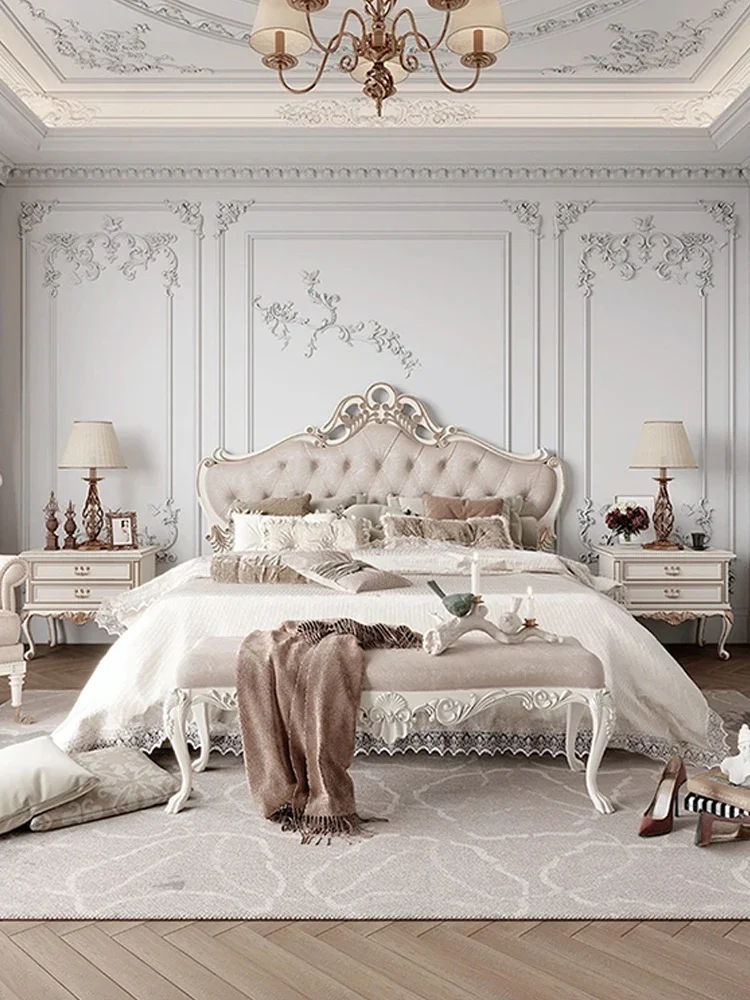 French light luxury cream wind solid wood carving court solid wood bed wedding bed 1.8 2 meters large bed exquisite hand carving