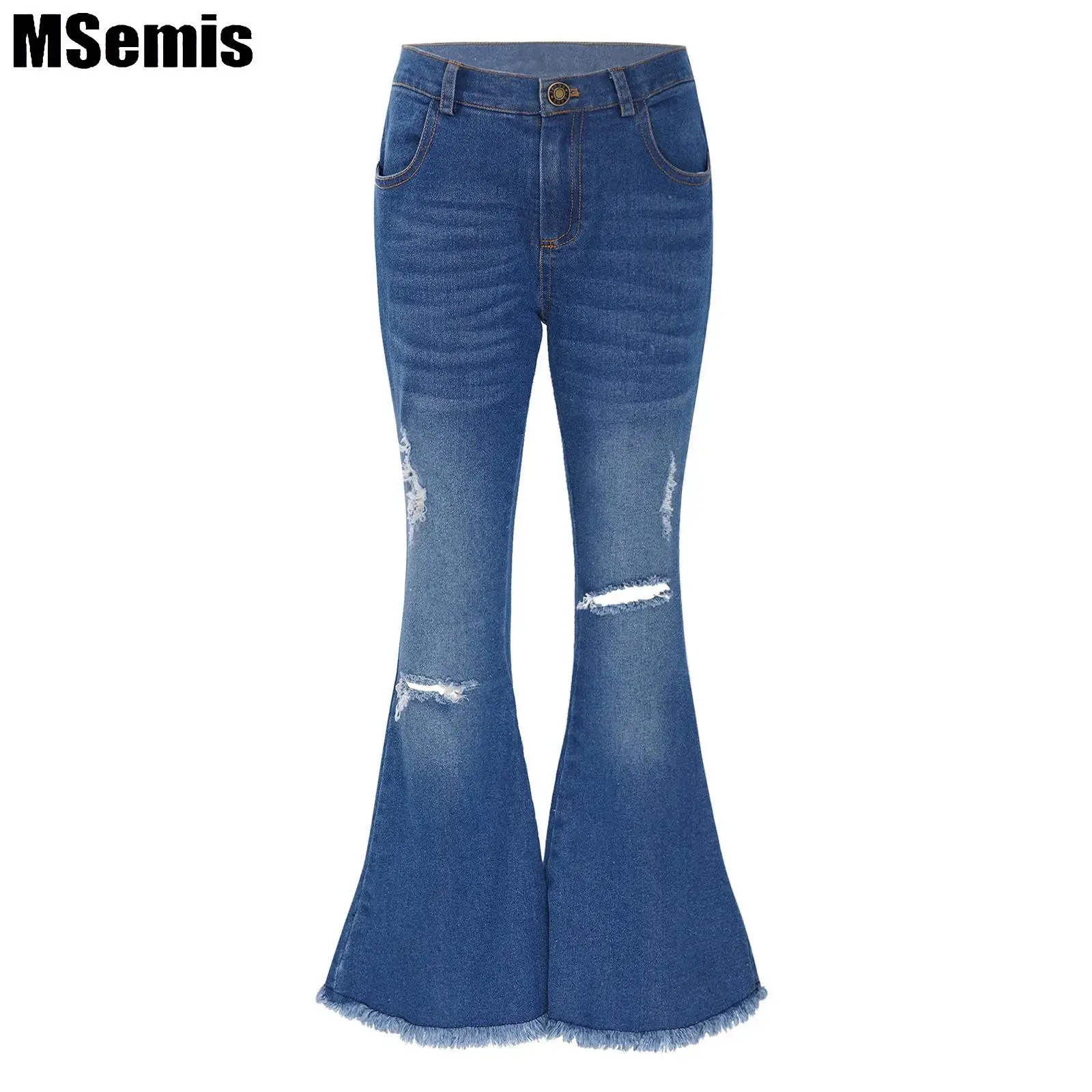 Kids Girls Flare Jeans Ripped Denim Pants Casual Stylish Zipper Closure Raw Hem Bell Bottom Trousers 6-16 Years Spring Autumn