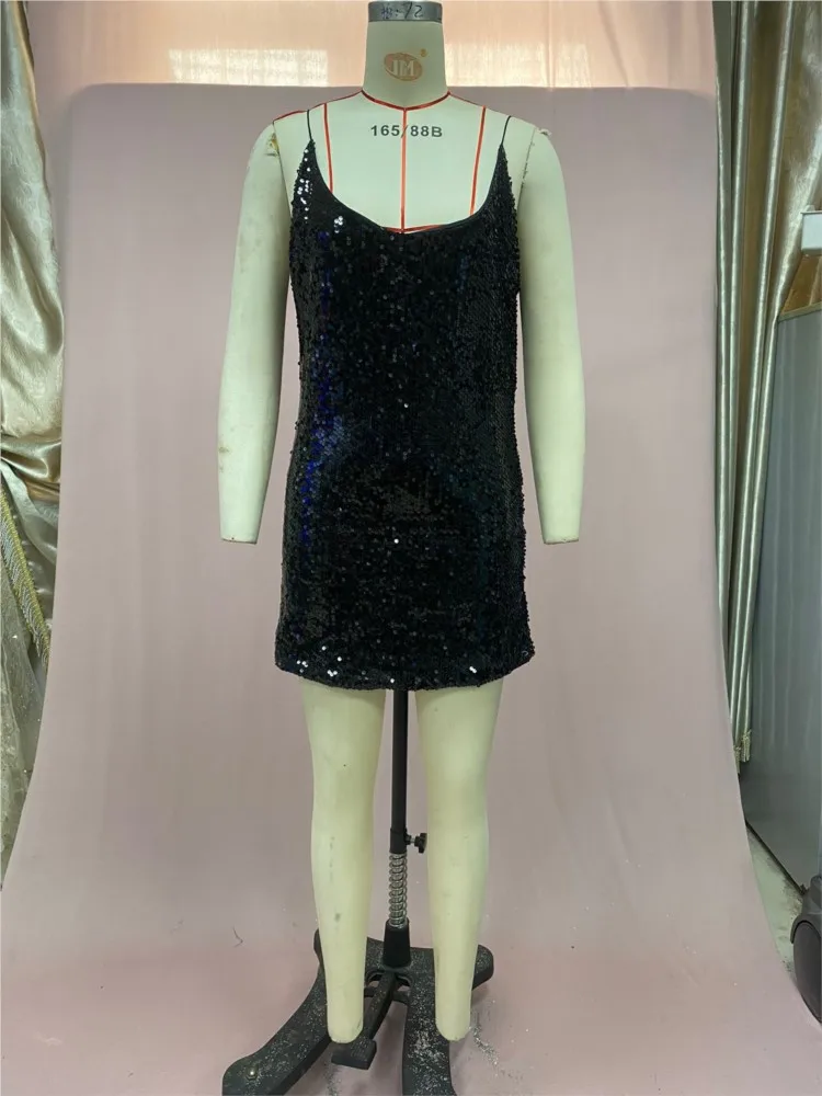 Sexy Mini Dresses Solid Color Sequin Spaghetti Straps Deep V Neck Women's Robe Fashion Party Prom Club Nightclub Vestidos Summer