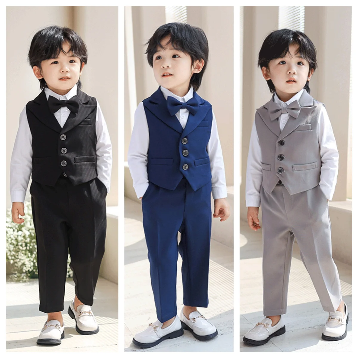 

3Pcs Children Boys Black Blue Wedding Suit Teenager Kids Boy Piano Ceremony Tuxedo Suit Formal Vest Shirt Pants Bow Kid Boy Suit