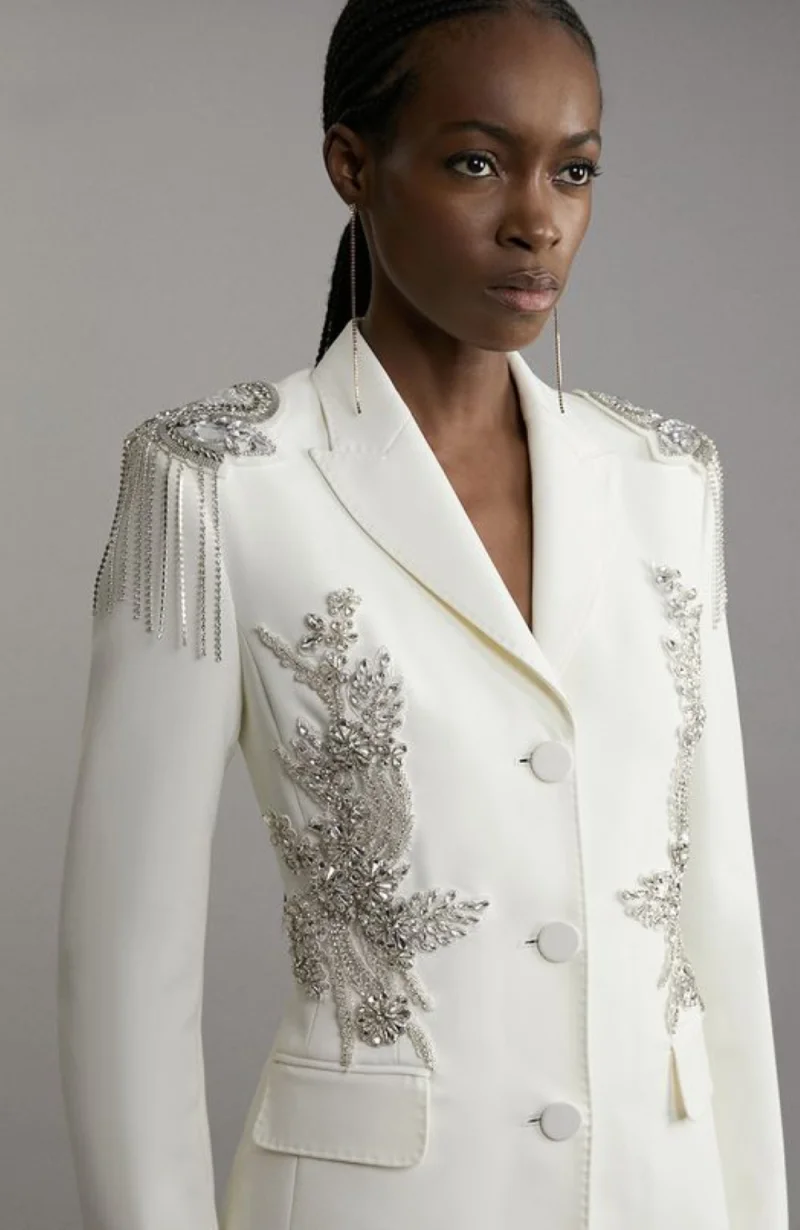 Kryształowe Aplikacje Damskie Garnitury 1 Część Luksusowa Koralikowa Długa Marynarka Afrykańska Dopasowana Jednorzędowa Blezer Szyty na Miarę
