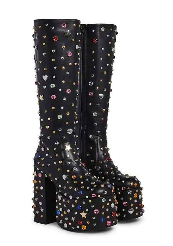 Punk Style Black Bling Rhinestone Stras Round Toe Platform Women Boots Chunky High Heel Side Zipper Design Large Size Shoes