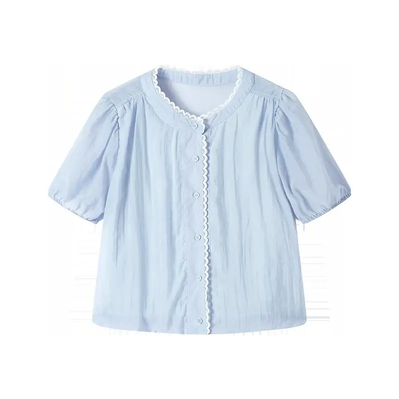 Loose Bubble Sleeve Chiffon Short Sleeve Shirt Women's Summer Fashion Anti-Aging Color Block Top Korean Style Button Detail