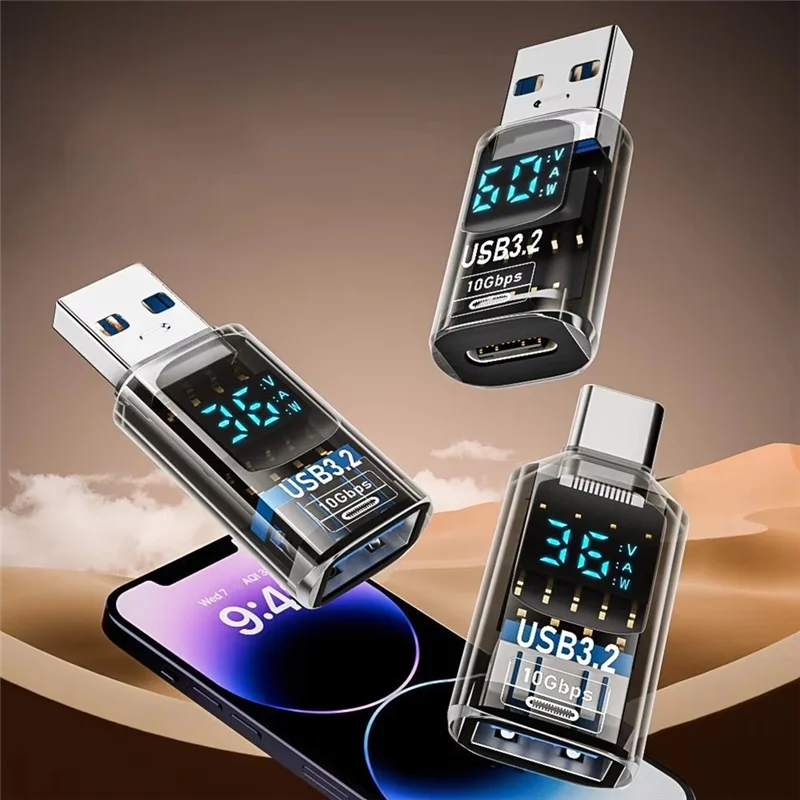 LED Display USB 3.2 Adapter USB To Type C OTG Data Transmission Smart Chip Power Meter (Type-C F To USB M)