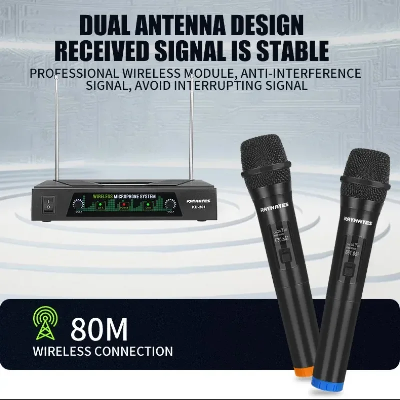 RAYHAYES KU-201 80 متر ثنائي القناة ميكروفون لاسلكي الأصلي المهنية يده ميكروفون الكاريوكي Mic لفيديوكي #5