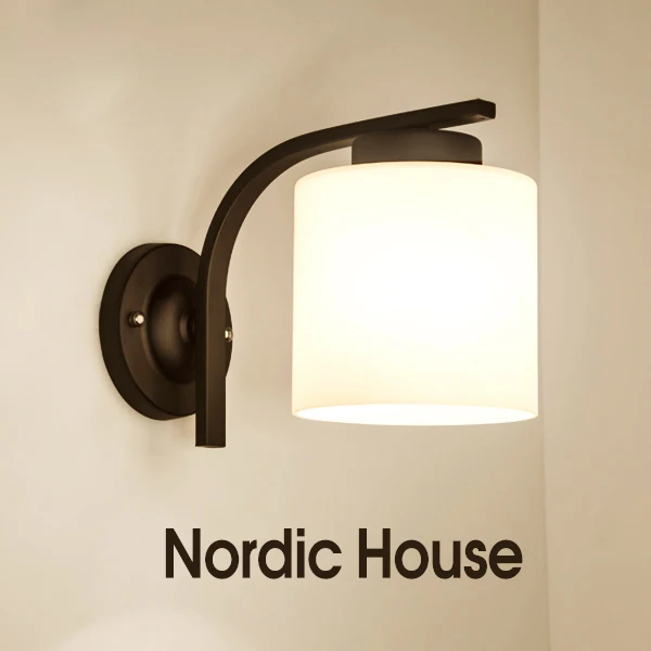 

Nordic Style Retro Wrought Iron Black Painted WitFrosted Glass Shade E27 LED Wall Sconce Wall Lamp For Bedroom Bedside Aisle