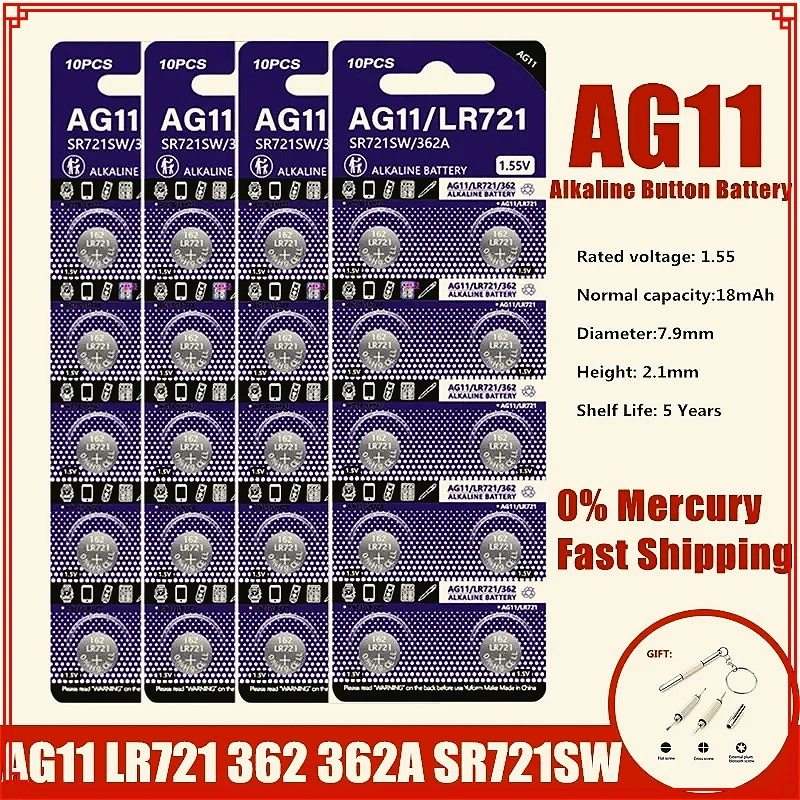 

Hot 10-100PCS AG11 18mAh Button Battery SG11 LR58 SR58 162 361 362 LR721 SR721 SR720 L721F Cell Coin Watch Toy Remote Battery