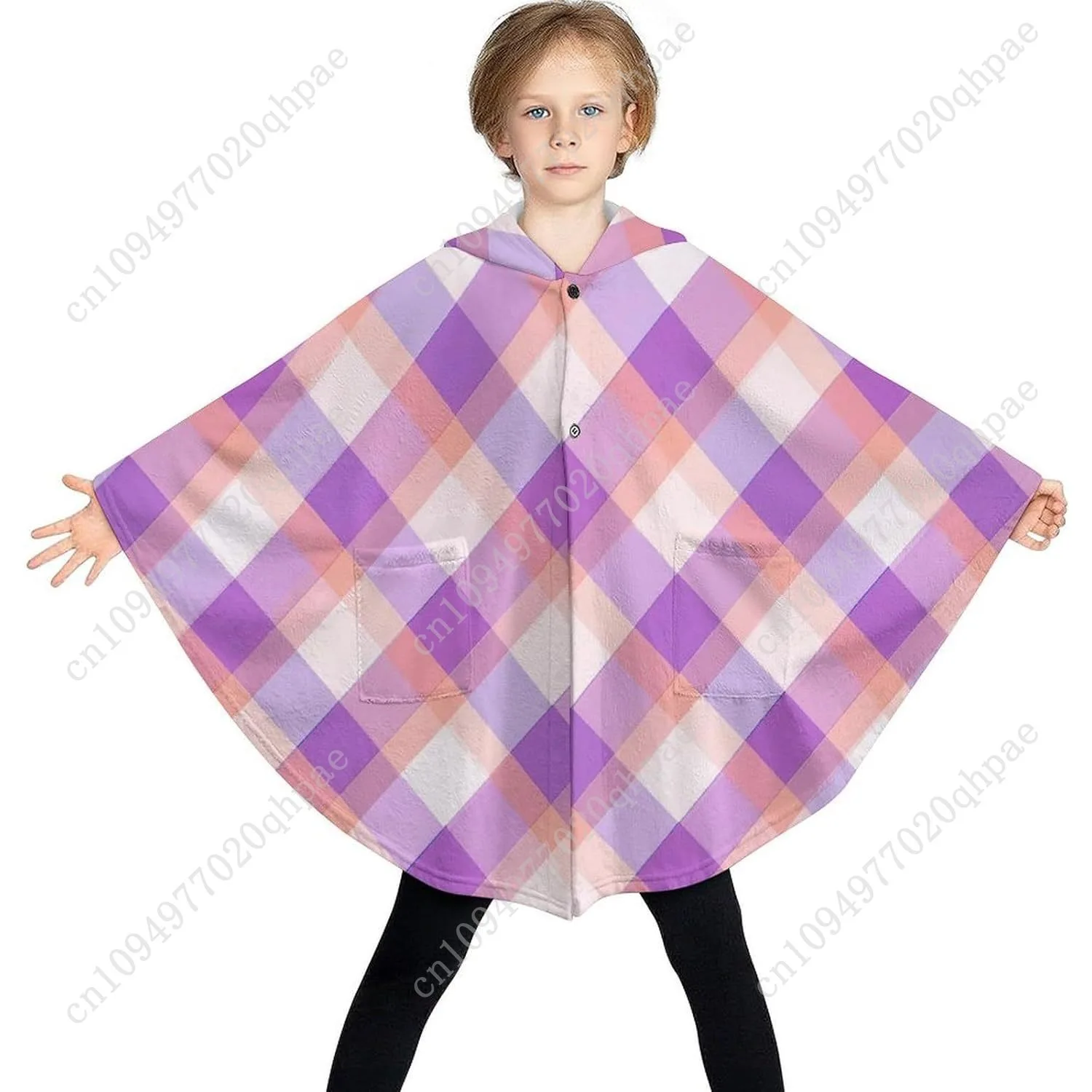 Gezellige flanellen deken trui, paarse geruite oversized hoodie met zakken voor kinderen en tieners