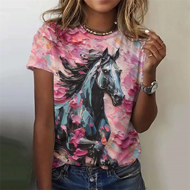 Retro Elephant Dog Pattern T-Shirt For Women Colorful Animal 3D Printed Short Sleeves Summer Tees Oversized T Shirts O-Neck Tops